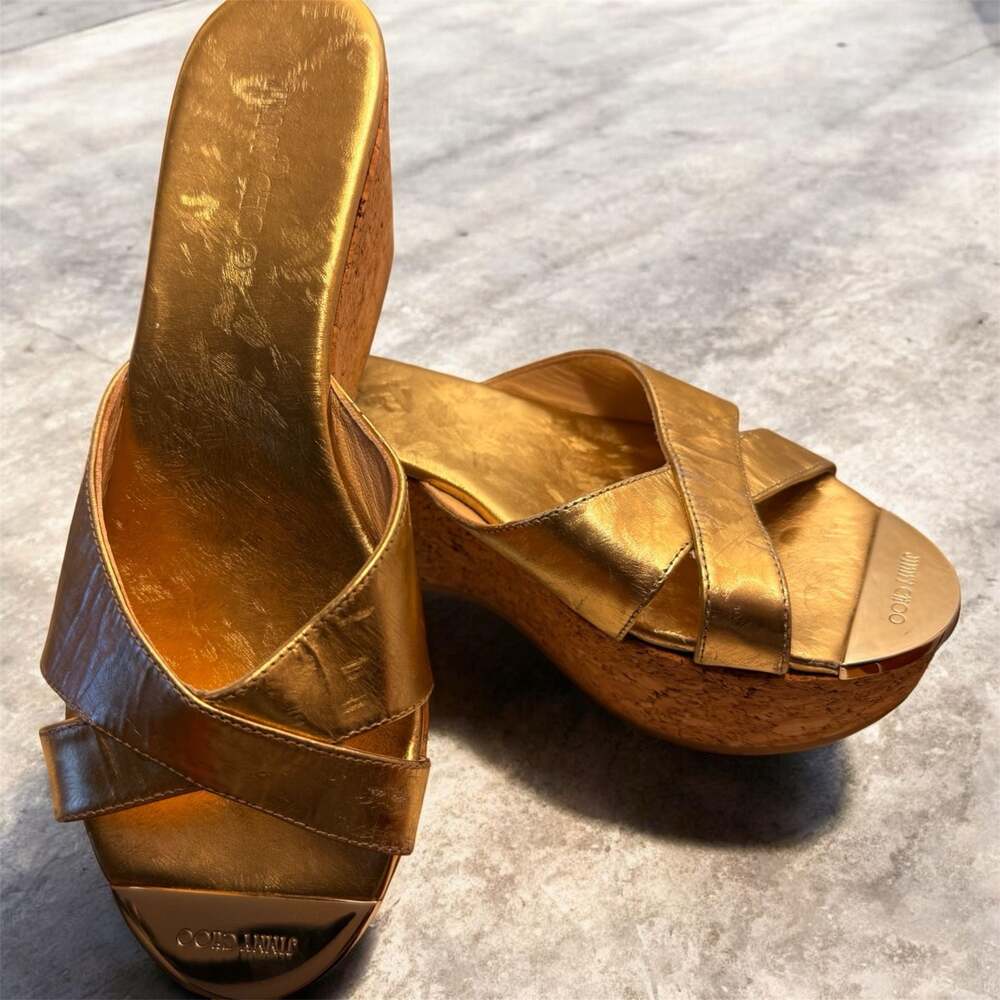 Jimmy Choo Maribou Metallic Gold Leather Cork Wedge Platform Sandals